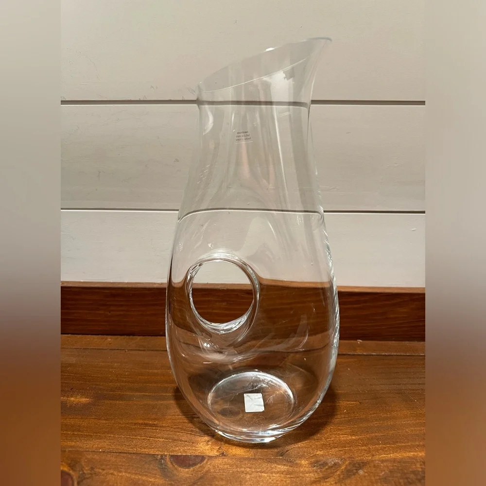 Vintage Crate & Barrel Donut Hole Hand Blown Clear Glass Wine Decanter Pitcher